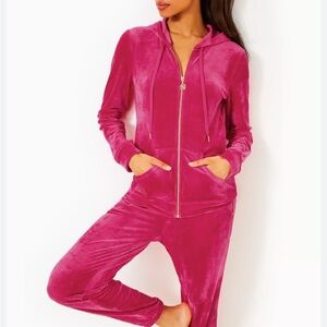 Lilly Pulitzer Larina Velour Pant Suit X Small Pink Hoodie Jogger Athleisure Lux